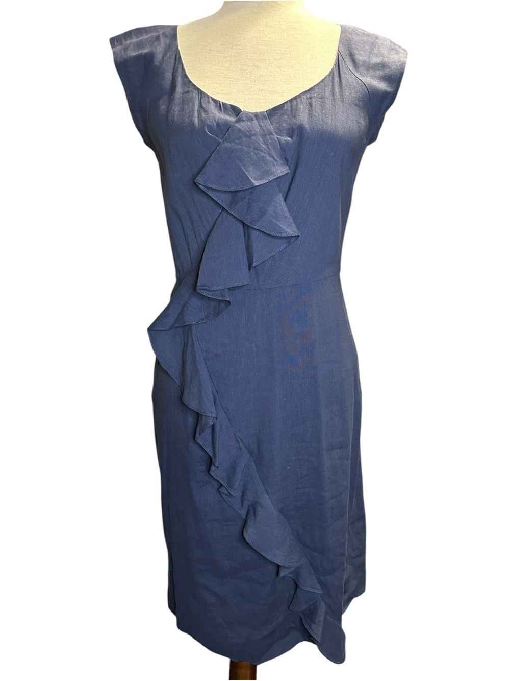 Rebecca Taylor Blue Ruffle Linen Blend Dress Size 4 Feminine Romantic Cocktail